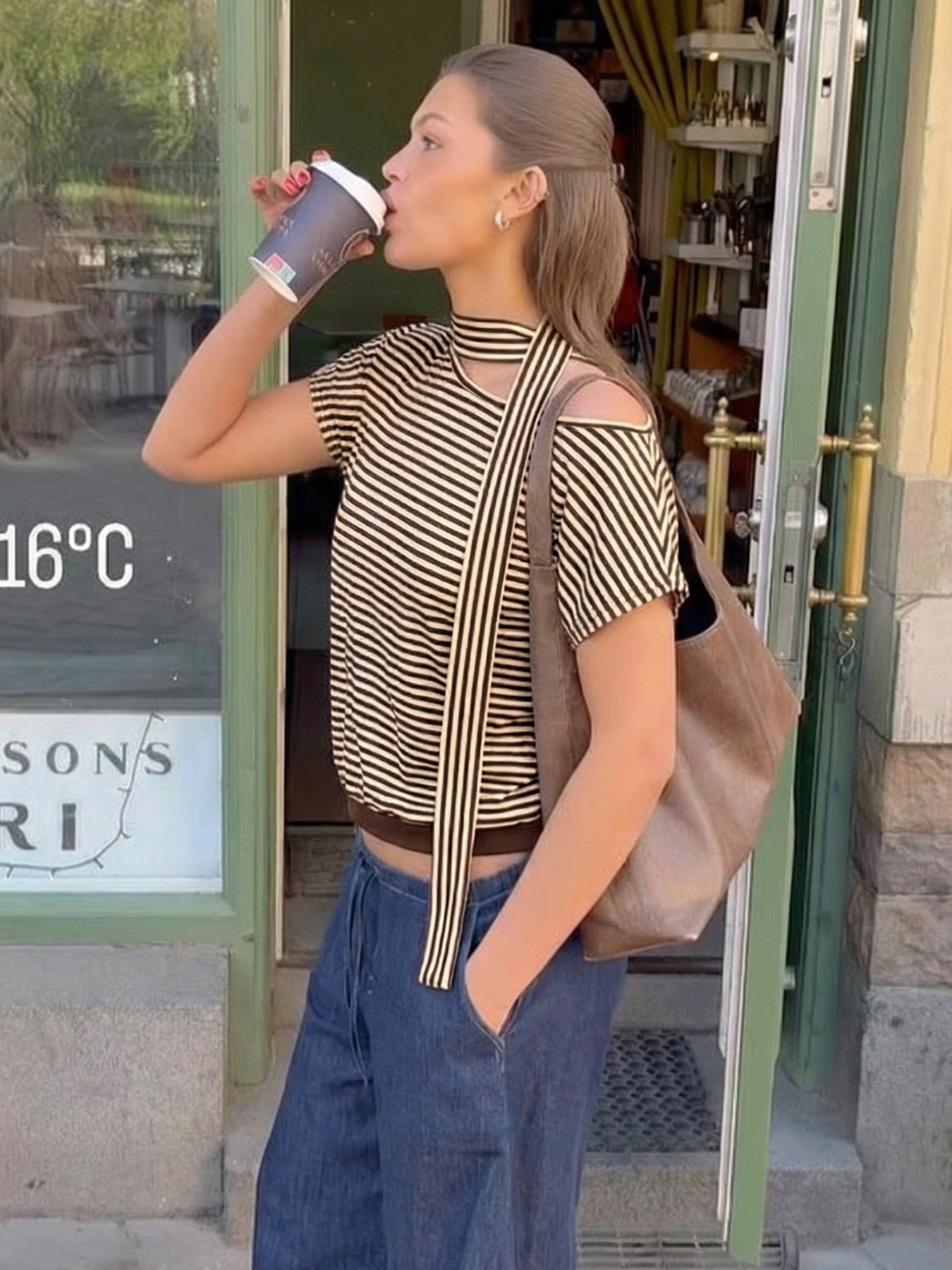 Striped One Shoulder Choker Neck Tee Casual Summer Top