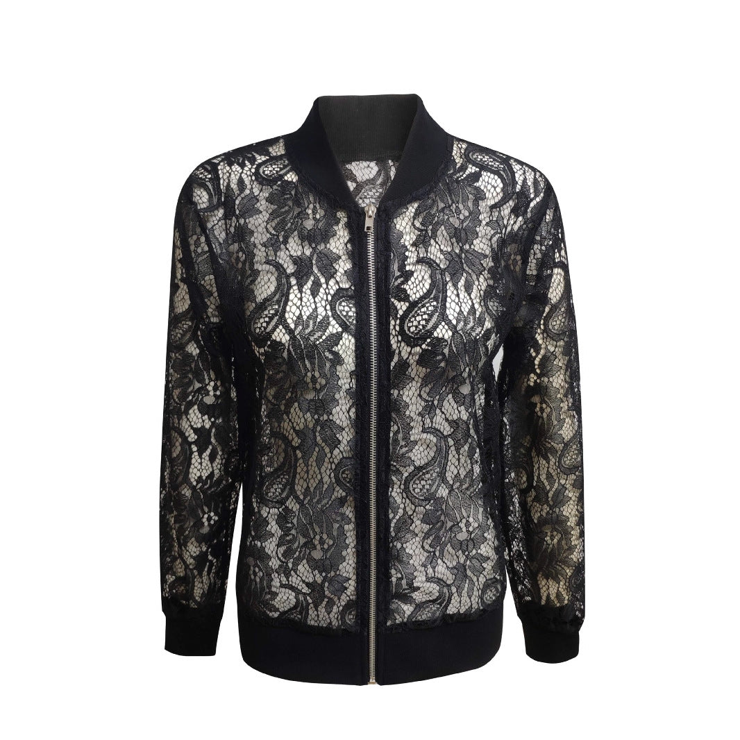 Women's Black Lace Zip-Up Jacket Lightweight Vintage
