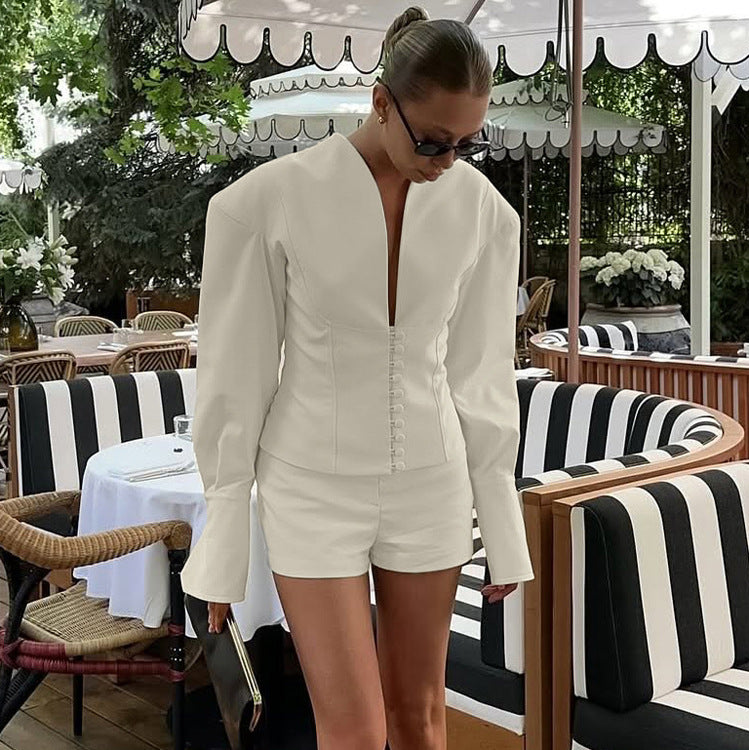 Women's 2 Piece V-Neck Blazer Shorts Set Business Casual