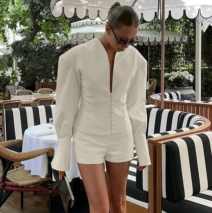 Women's 2 Piece V-Neck Blazer Shorts Set Business Casual