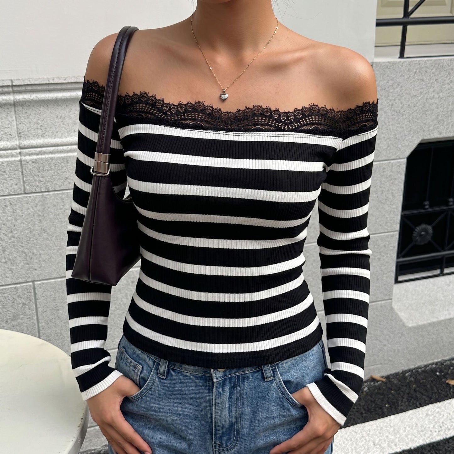 Striped Off Shoulder Top Lace Trim Slim Fit