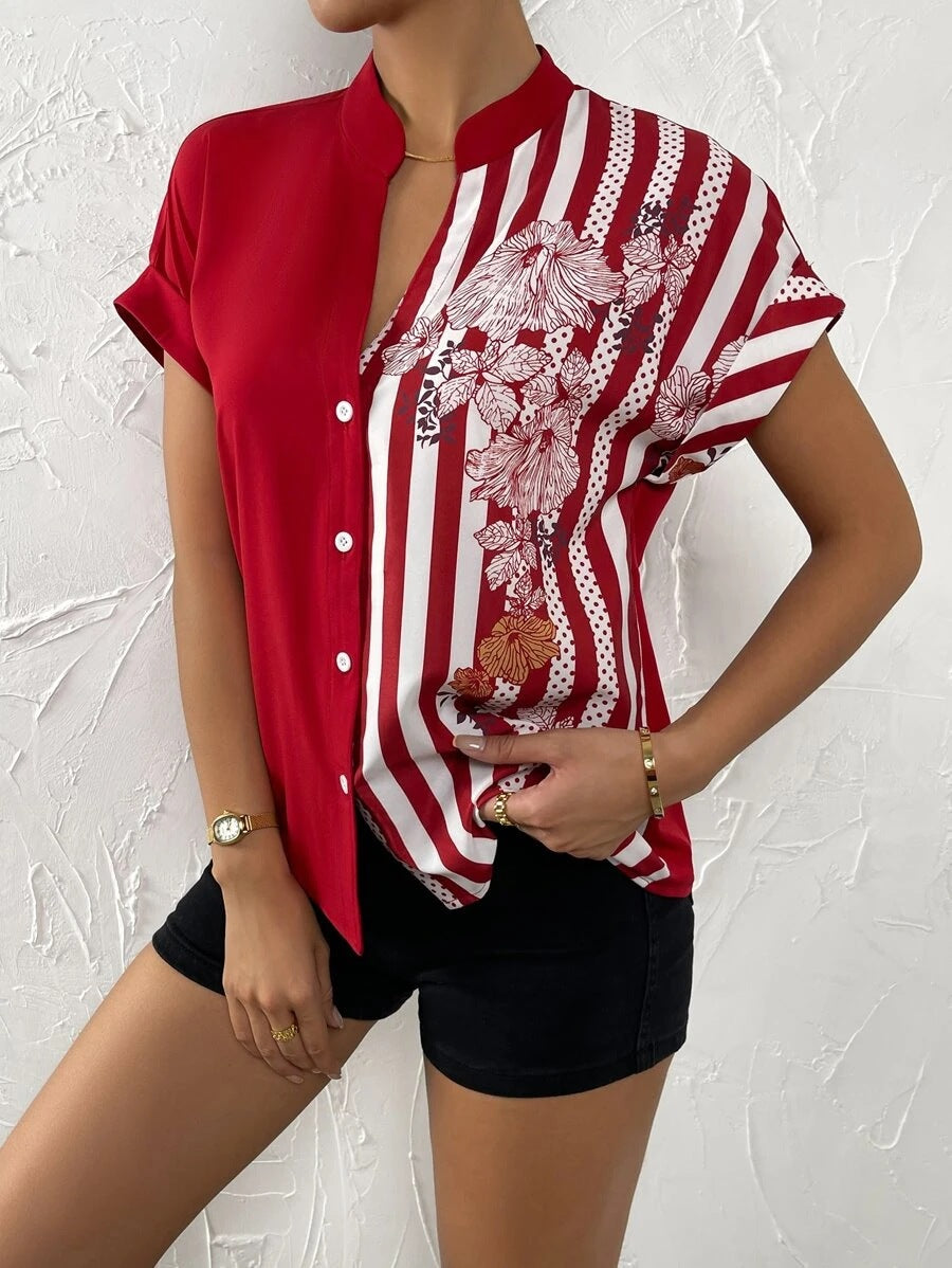 New Women’s Colorblock Floral Button Short Sleeve Cardigan