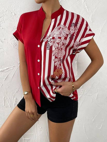 New Women’s Colorblock Floral Button Short Sleeve Cardigan