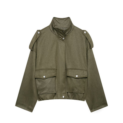 Women's Oversized Faux Suede Bomber Jacket Vintage
