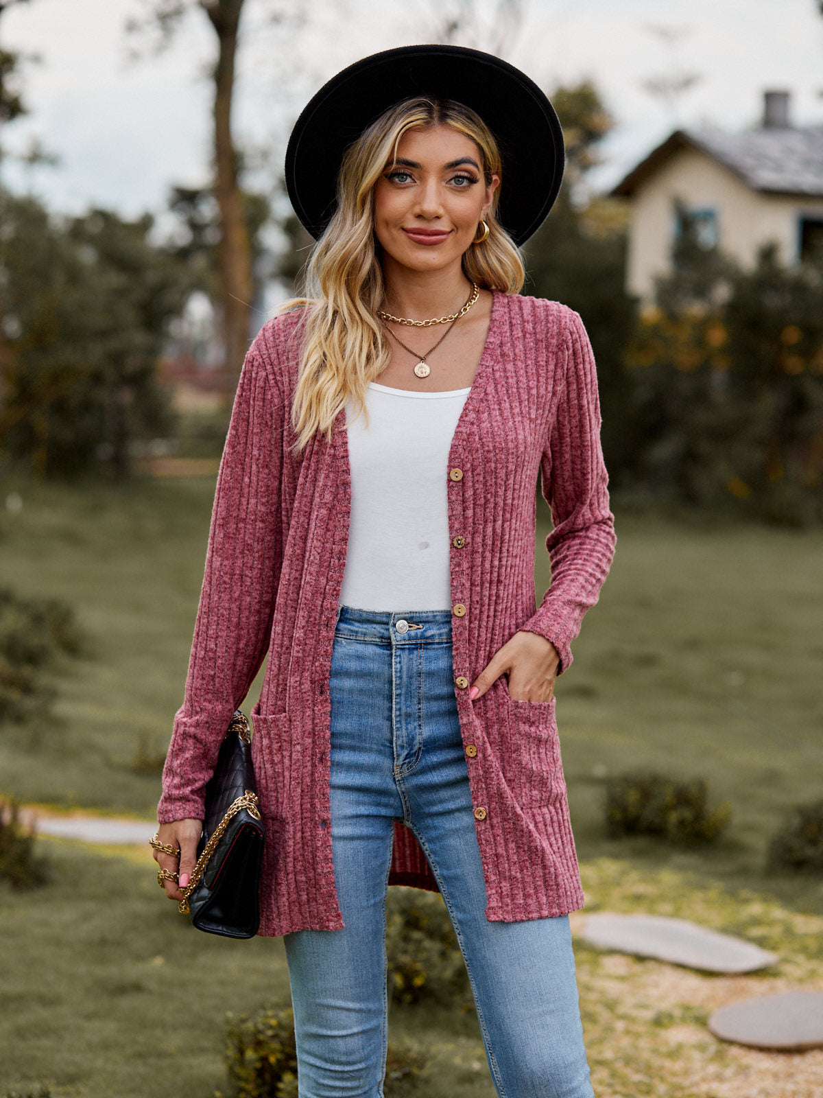 Ribbed Knit Cardigan Long Sleeve Button Pocket Sweater