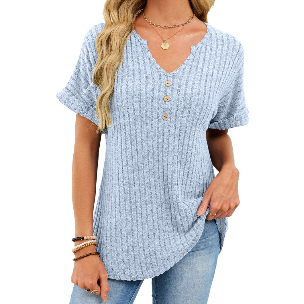 Ribbed V-Neck Button Top – Loose Fit Summer Casual Tee