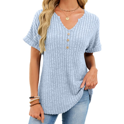 Ribbed V-Neck Button Top – Loose Fit Summer Casual Tee
