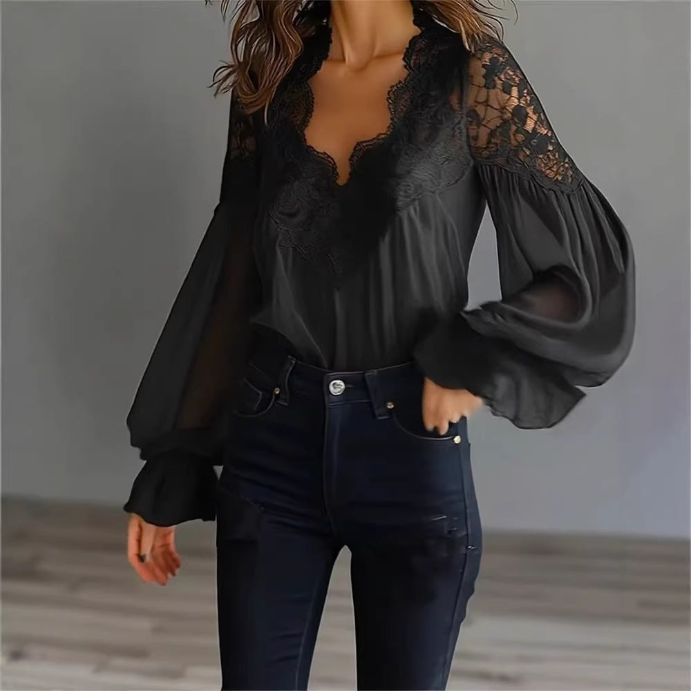 Women's Lace V Neck Puff Sleeve Pleated Blouse