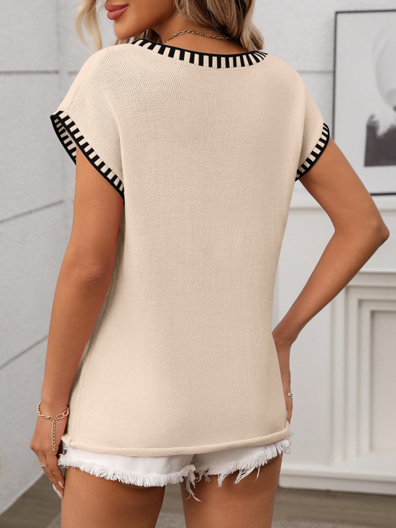 Striped V Neck Knit Top Short Sleeve Casual Sweater