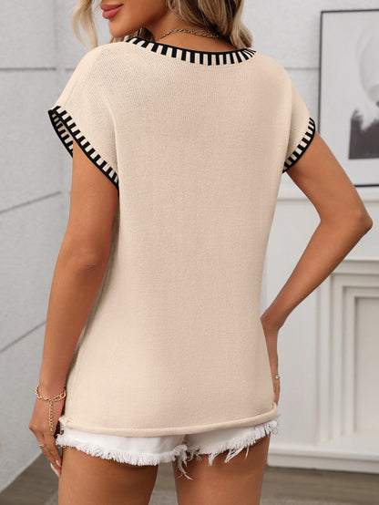 Striped V Neck Knit Top Short Sleeve Casual Sweater