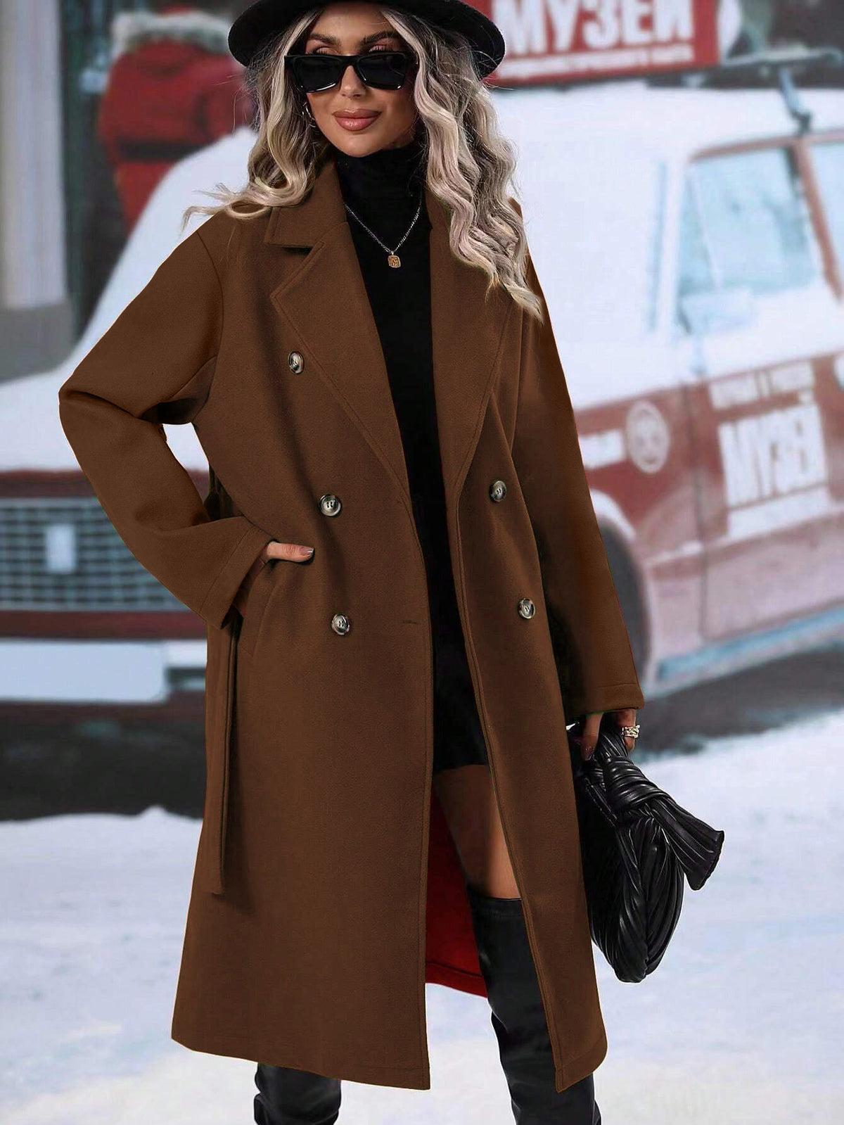 Women's Belted Double Breasted Long Wool Blend Coat