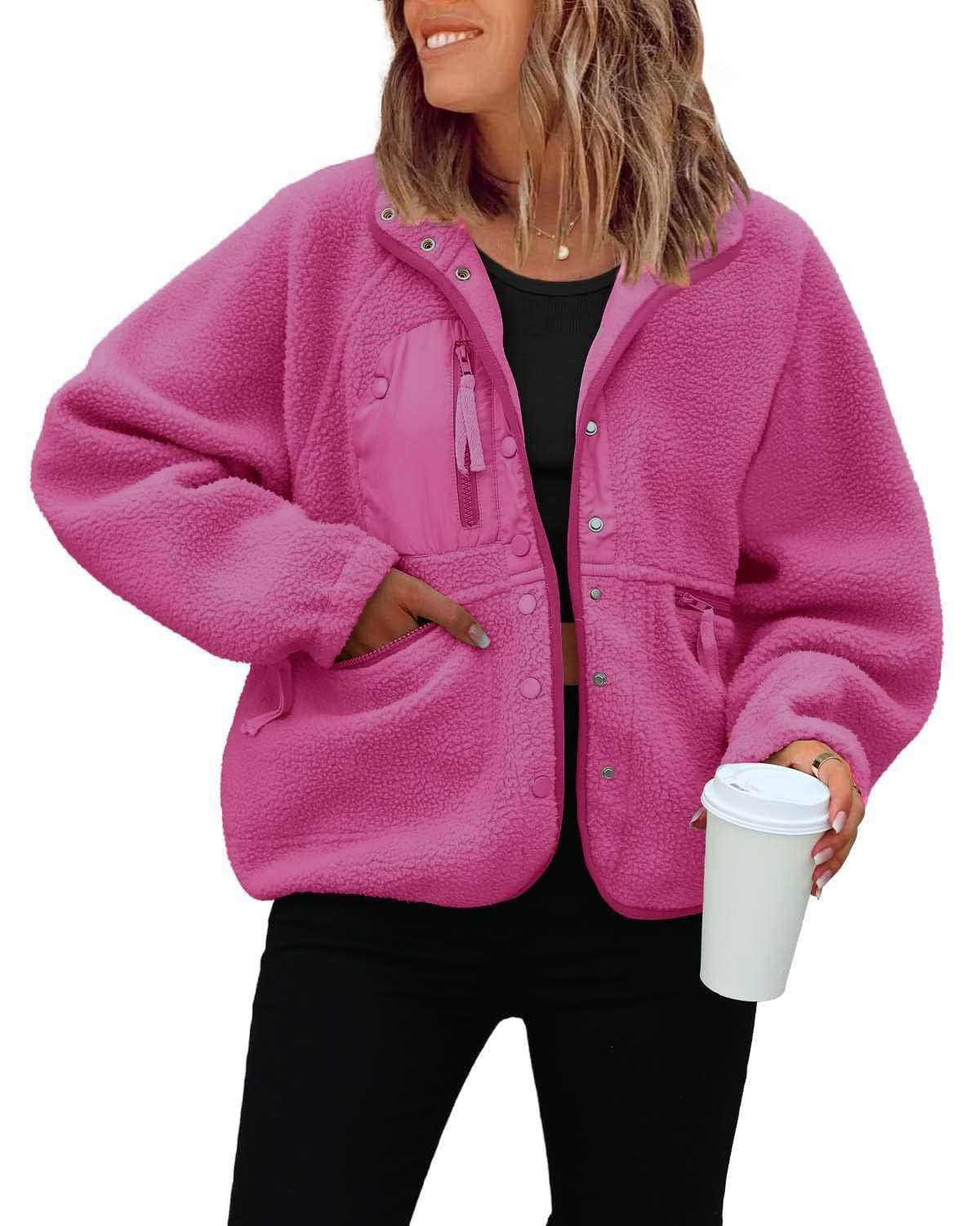 Women's Oversized Sherpa Fleece Jacket Button Front Casual