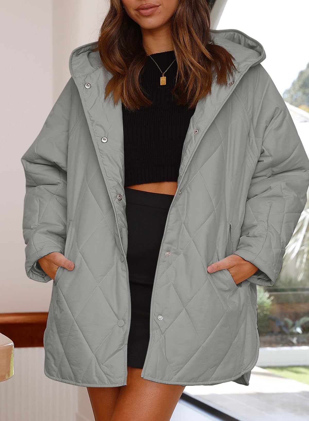 Womens Oversized Hooded Quilted Lightweight Jacket