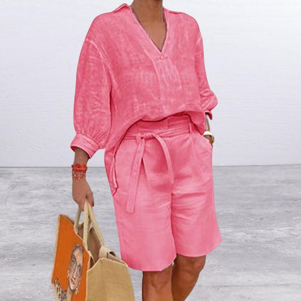 Women V Neck Linen 2 Piece Short Set Summer Casual