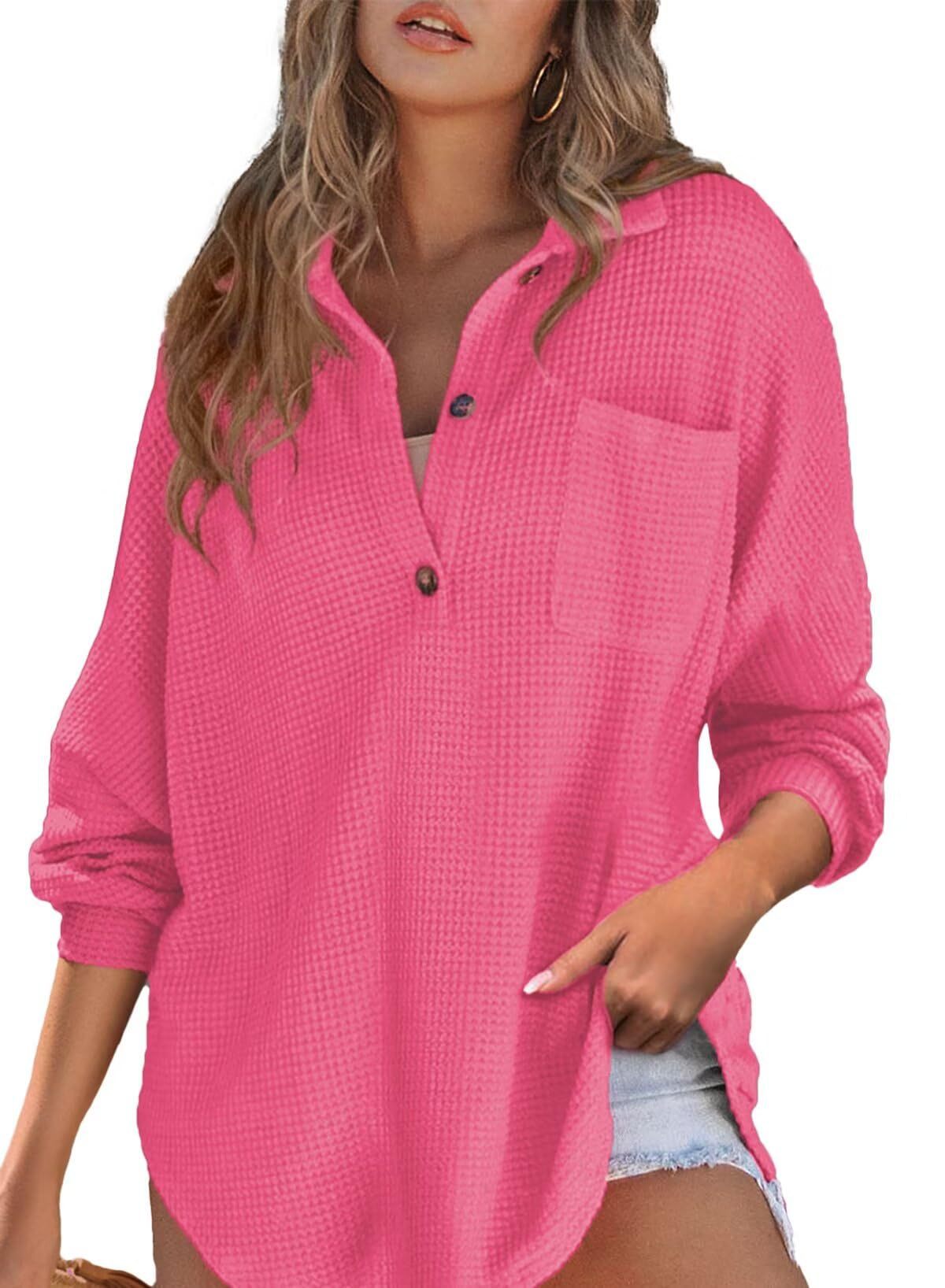 Women's Waffle Knit Oversized Collared Pocket Tunic Top