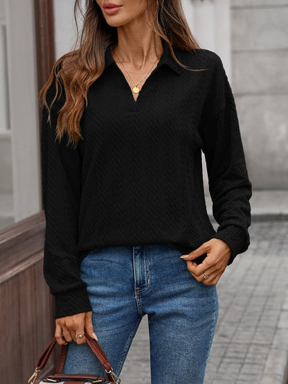 Women's Textured Collared Sweatshirt Long Sleeve Pullover