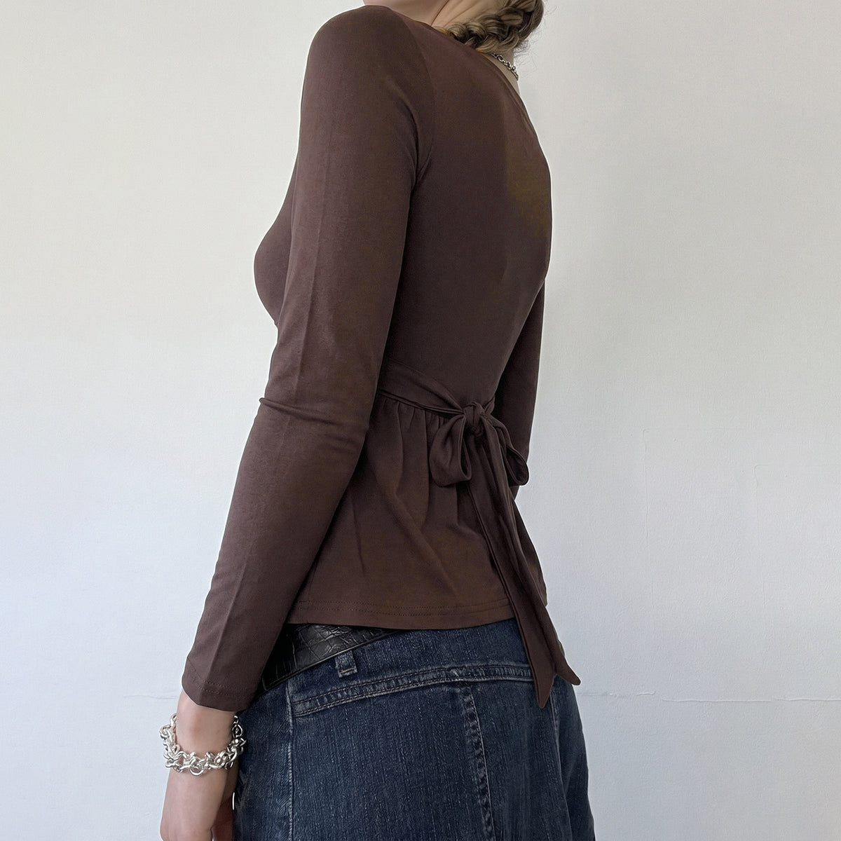 Brown Lace V Neck Embroidered Babydoll Long Sleeve Top