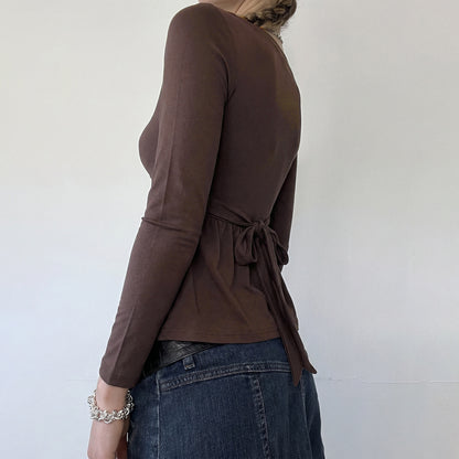 Brown Lace V Neck Embroidered Babydoll Long Sleeve Top