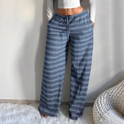 Striped Knit Wide Leg Pants Women Drawstring Casual