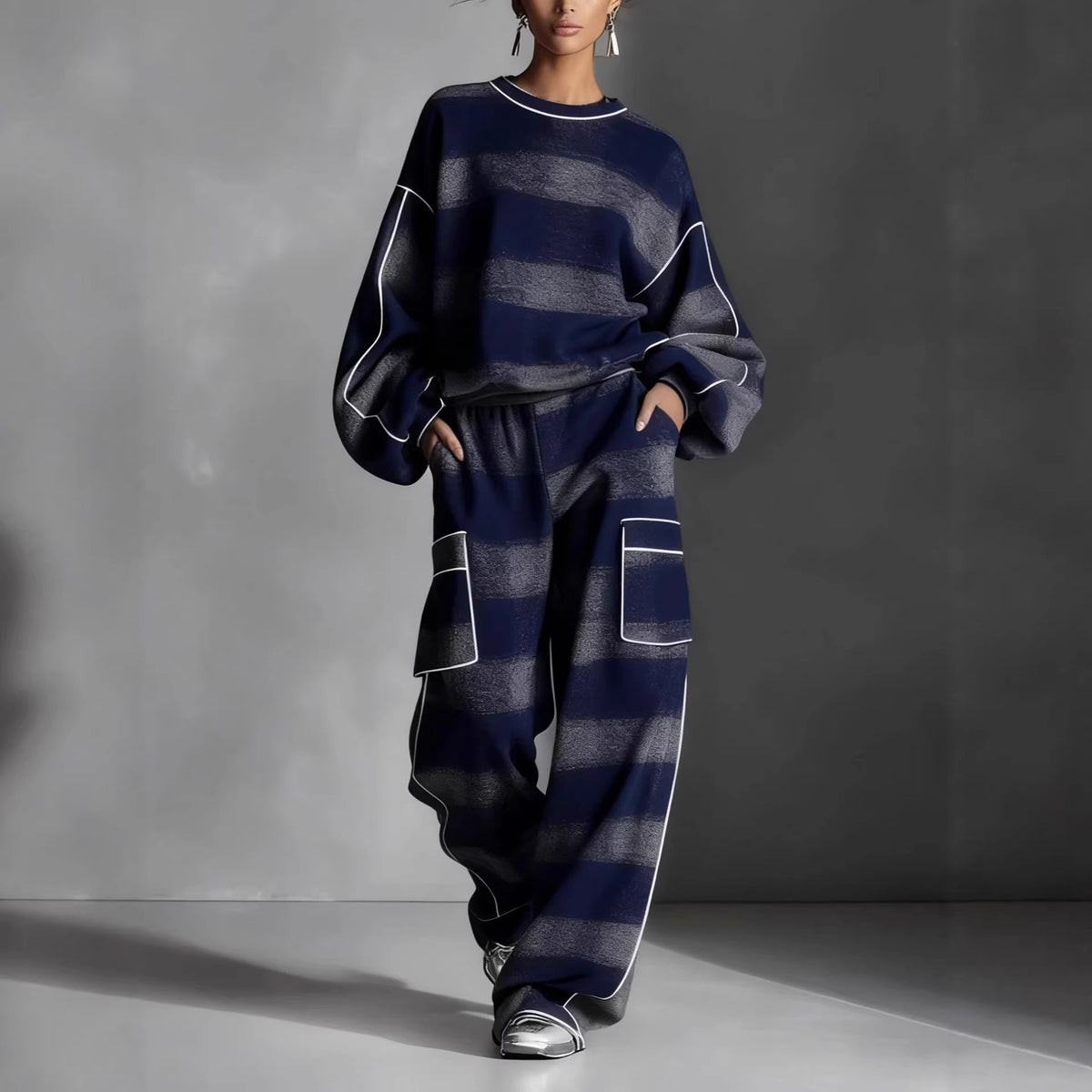 Women's Plaid Piping Oversized Sweatshirt & Pants Set