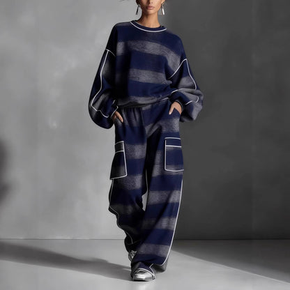 Women's Plaid Piping Oversized Sweatshirt & Pants Set