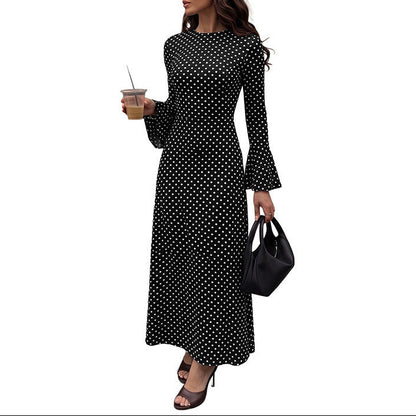 Black Polka Dot Maxi Dress Bell Sleeve Tie Back A-Line