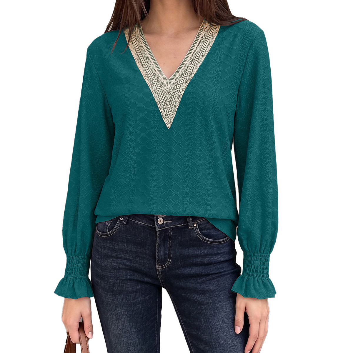 Women's V-Neck Lace Trim Blouse Long Sleeve Smocked Cuffs