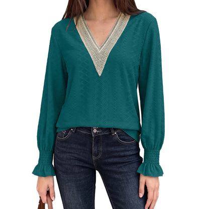 Women's V-Neck Lace Trim Blouse Long Sleeve Smocked Cuffs