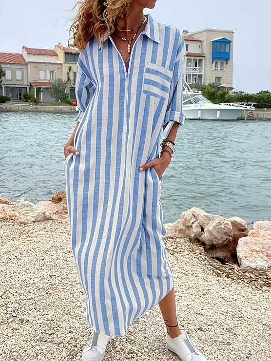 Women's Striped Maxi Shirt Dress Long Sleeve Casual A-Line