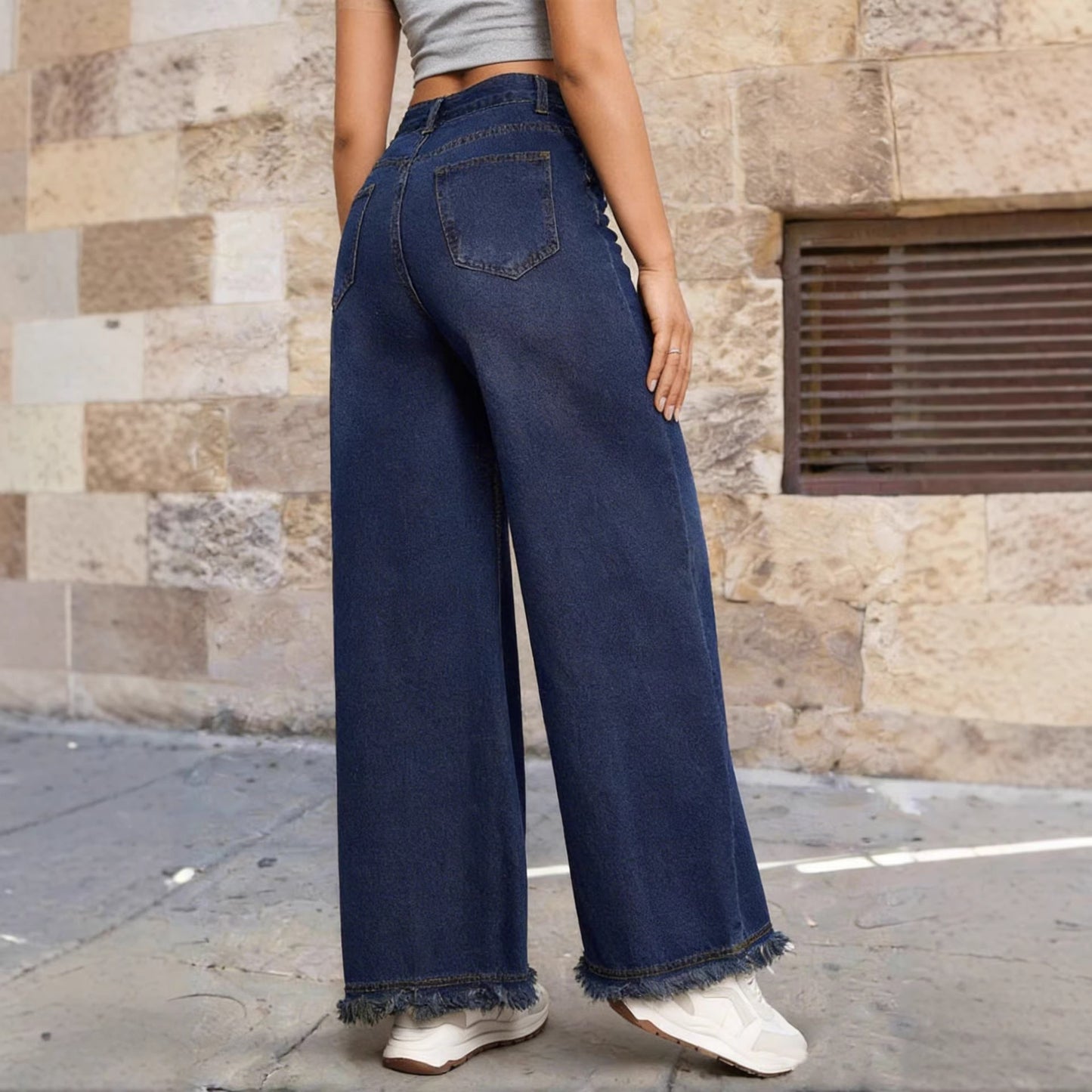 Women's Vintage Washed High Waist Raw Hem Wide Leg Jeans