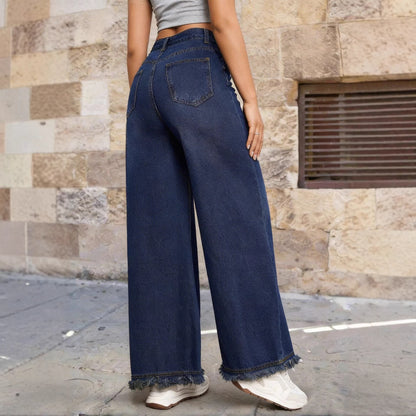 Women's Vintage Washed High Waist Raw Hem Wide Leg Jeans