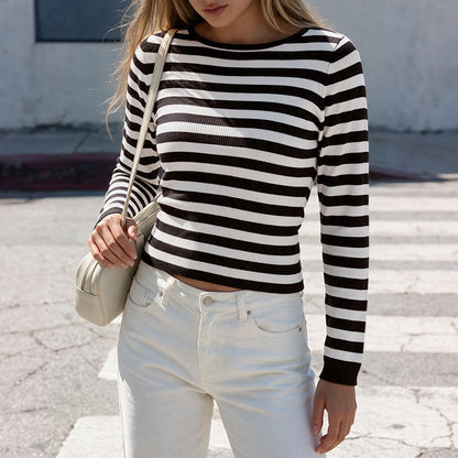 Women's Striped Boat Neck Long Sleeve Knit Sweater