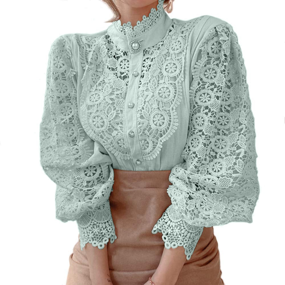 Women's Crochet Lace Floral Bishop Sleeve Blouse
