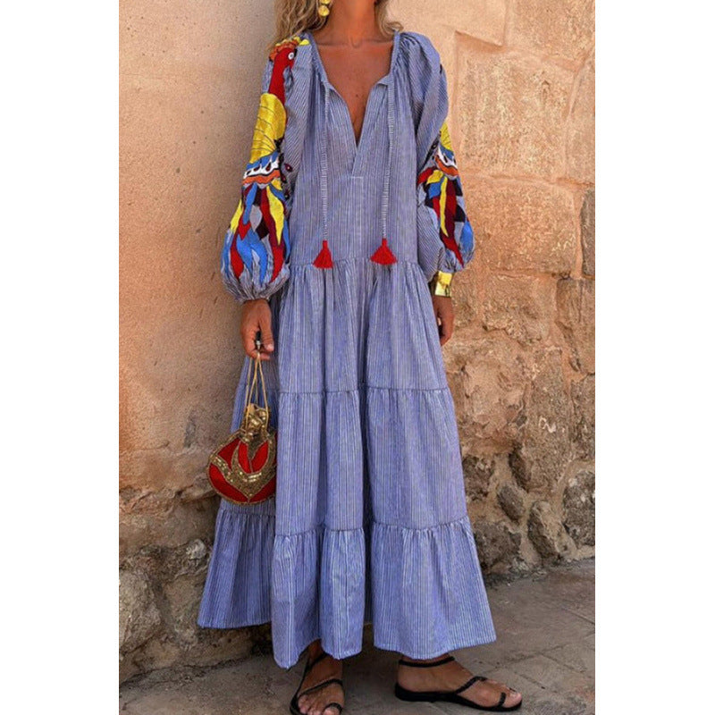 V-Neck Balloon Sleeve Striped Tiered Maxi Dress