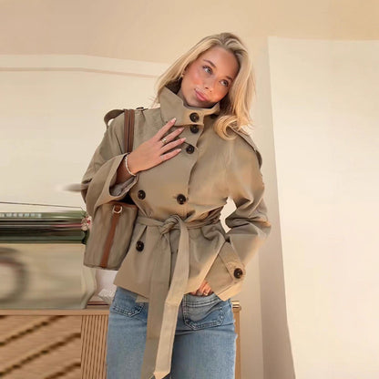 Women's Belted Double Breasted Cropped Trench Coat