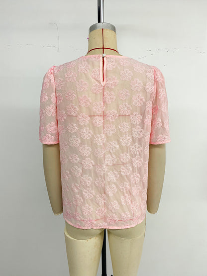 Pink Floral Jacquard Puff Sleeve Blouse Pearl Neck Top