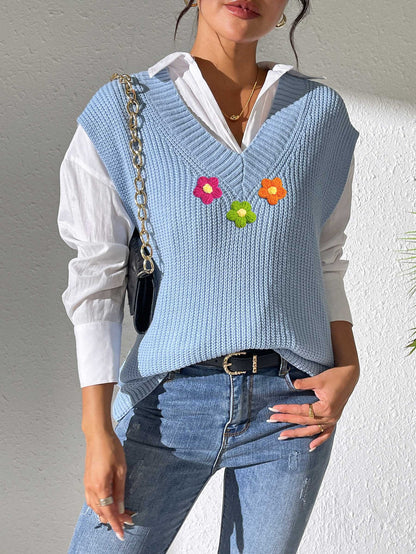 Women's Solid Color V-Neck Hook Splicing Machine Knitted Sweater