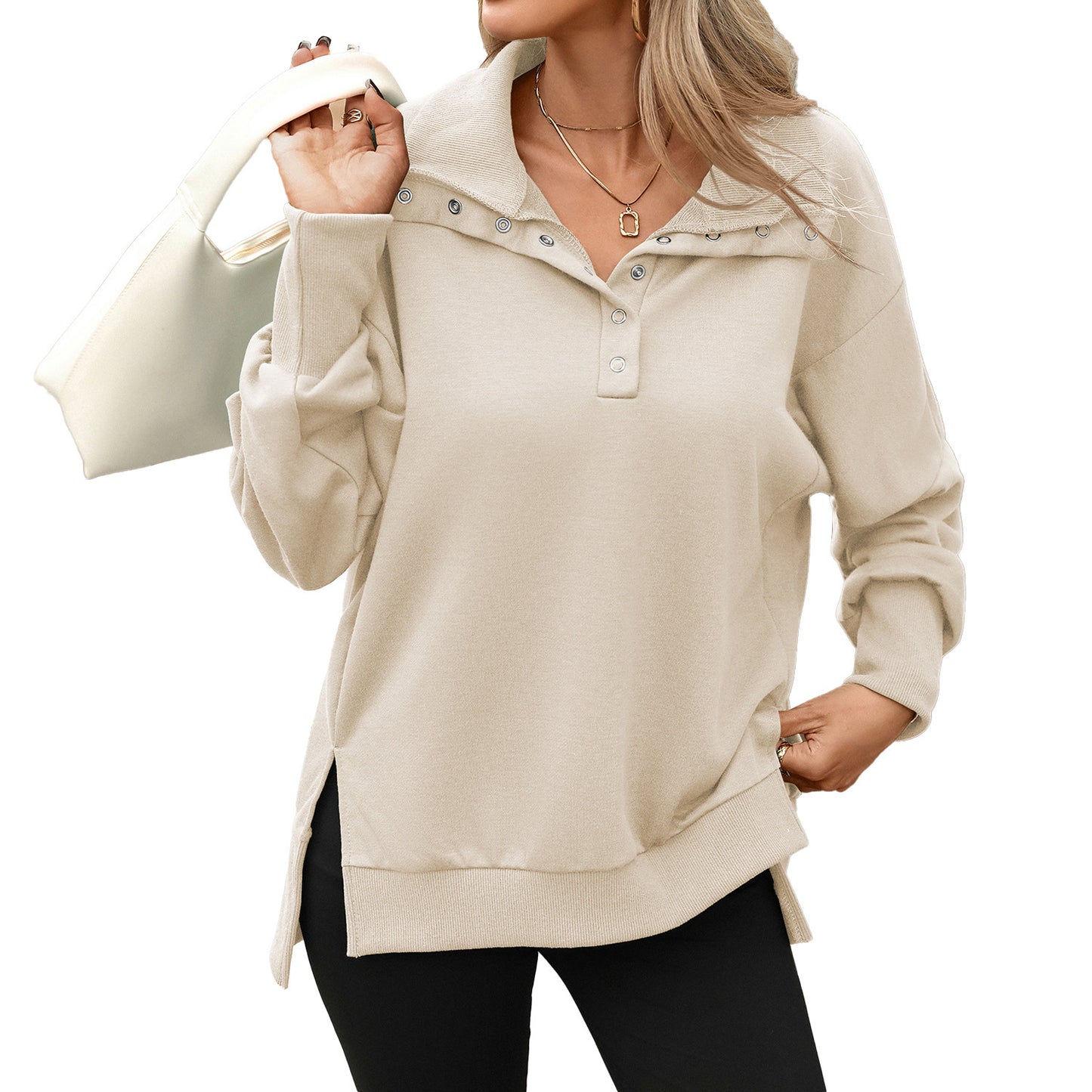 Women's Oversized Button Collar Sweatshirt Long Sleeve