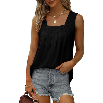 Orange Square Neck Pleated Sleeveless Flowy Tank Top