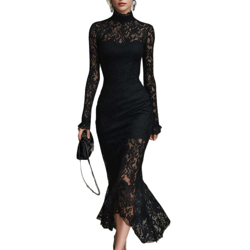 Elegant Black Lace Long Sleeve Bodycon Maxi Dress
