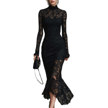 Elegant Black Lace Long Sleeve Bodycon Maxi Dress