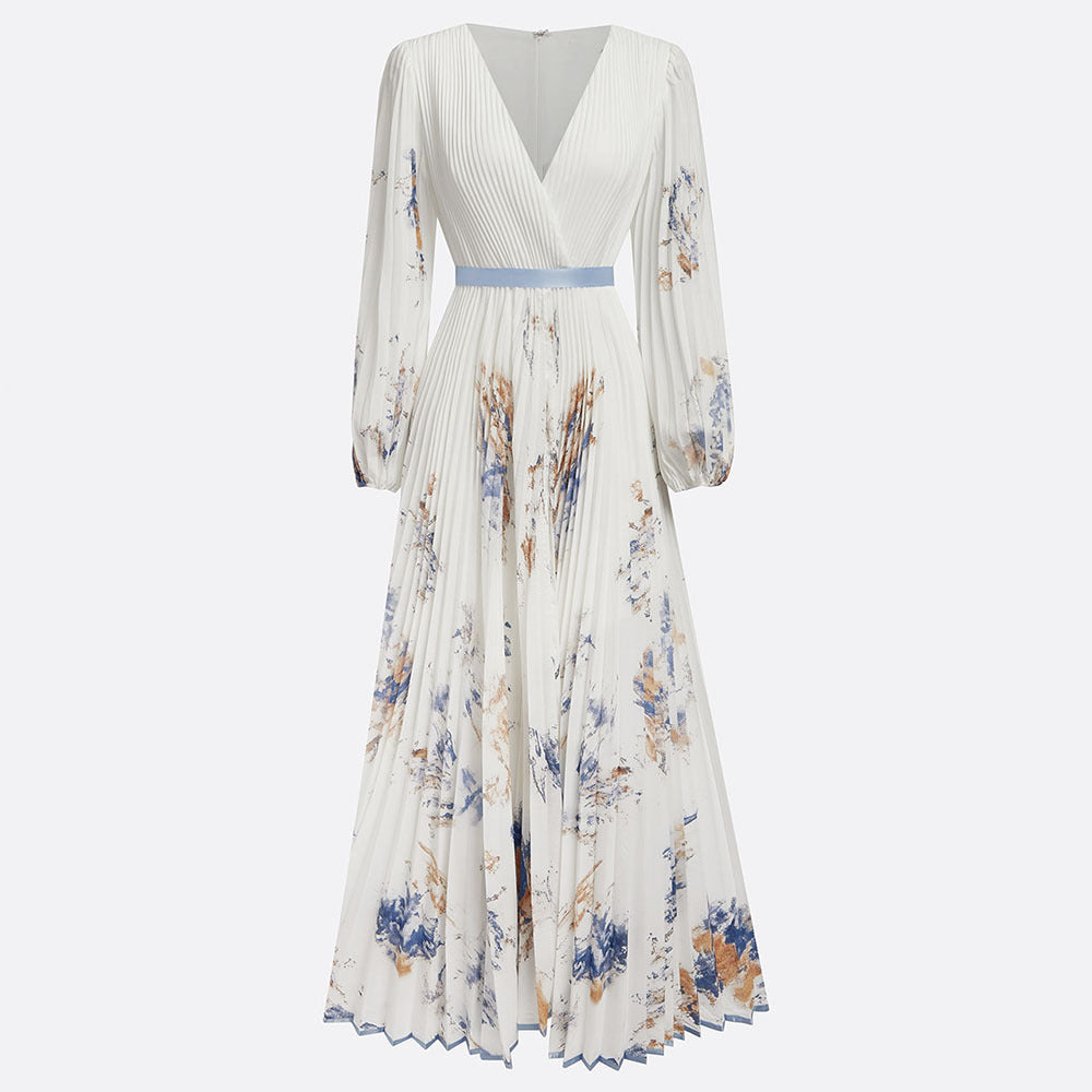 Floral Pleated V-Neck Long Sleeve Maxi Dress