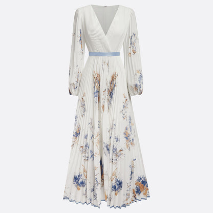 Floral Pleated V-Neck Long Sleeve Maxi Dress