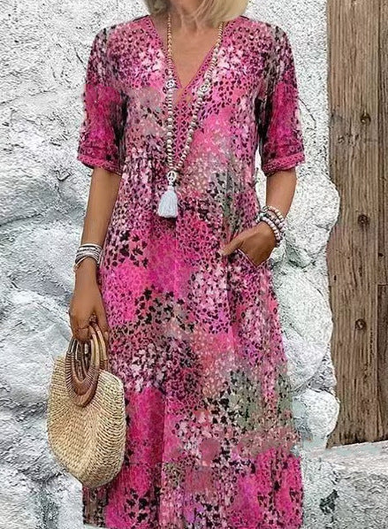 Women's Boho V-Neck Short Sleeve Maxi Dress with Pockets