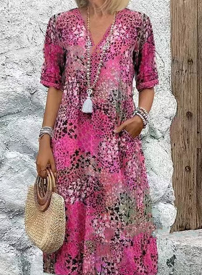 Women's Boho V-Neck Short Sleeve Maxi Dress with Pockets
