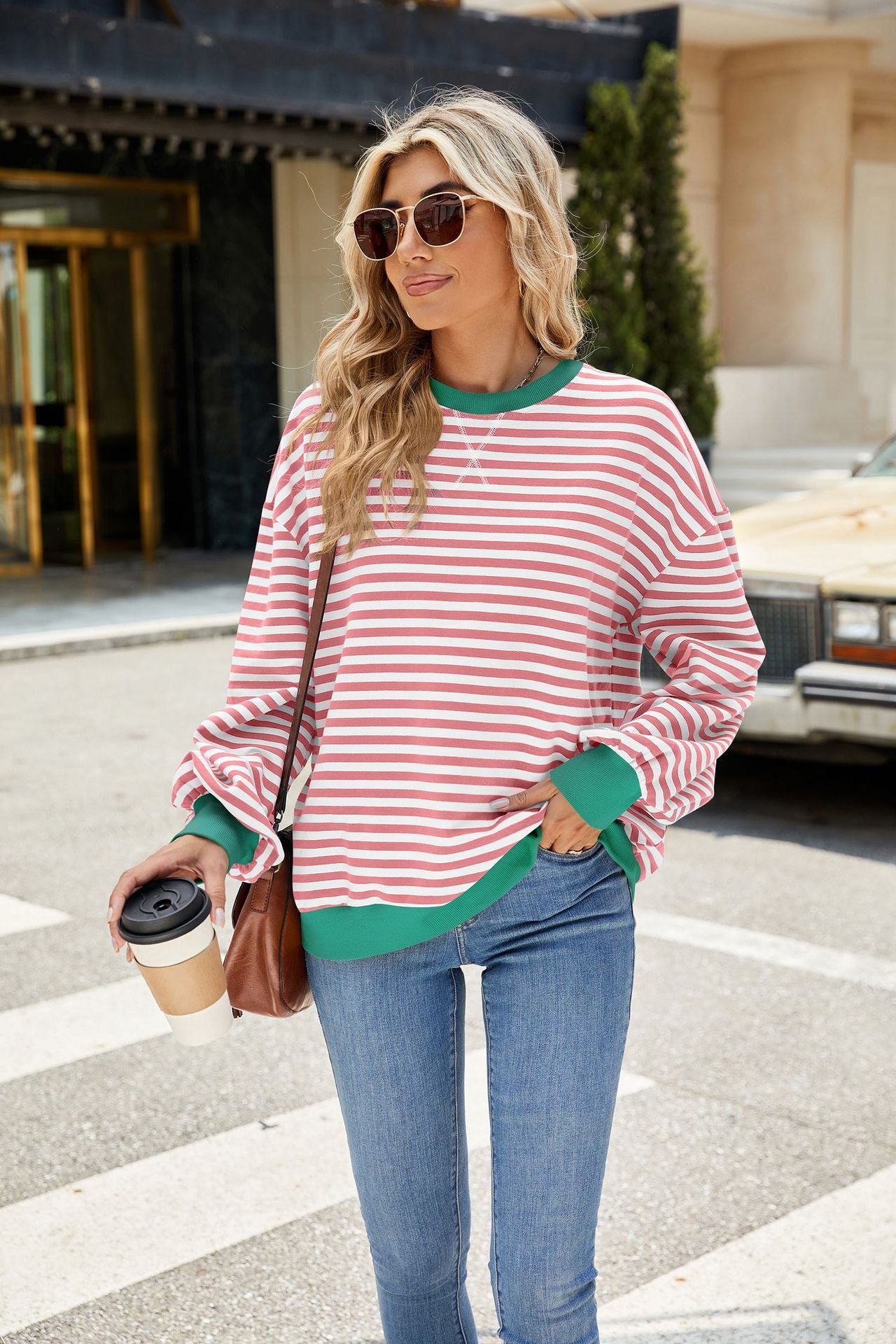 Striped Color Block Crew Neck Loose Fit Long Sleeve Sweatshirt