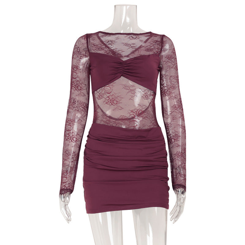 Sexy Sheer Lace Long Sleeve Bodycon Mini Dress