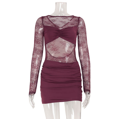 Sexy Sheer Lace Long Sleeve Bodycon Mini Dress