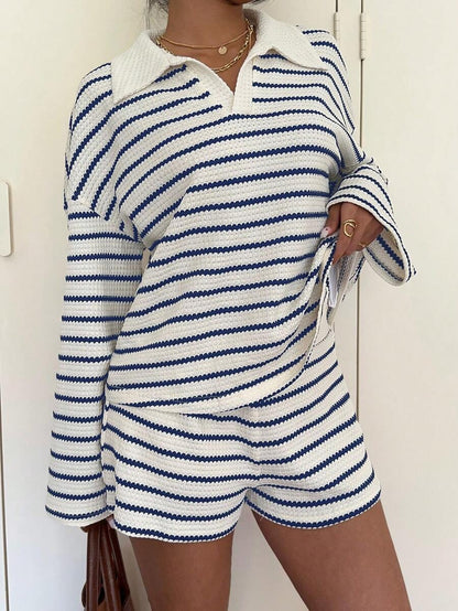 Striped Polo Lounge Set Long Sleeve Top & Shorts Set