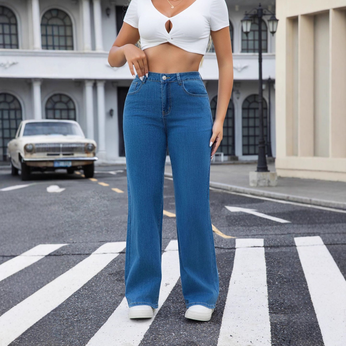 High Waist Stretch Straight Leg Plus Size Denim Jeans